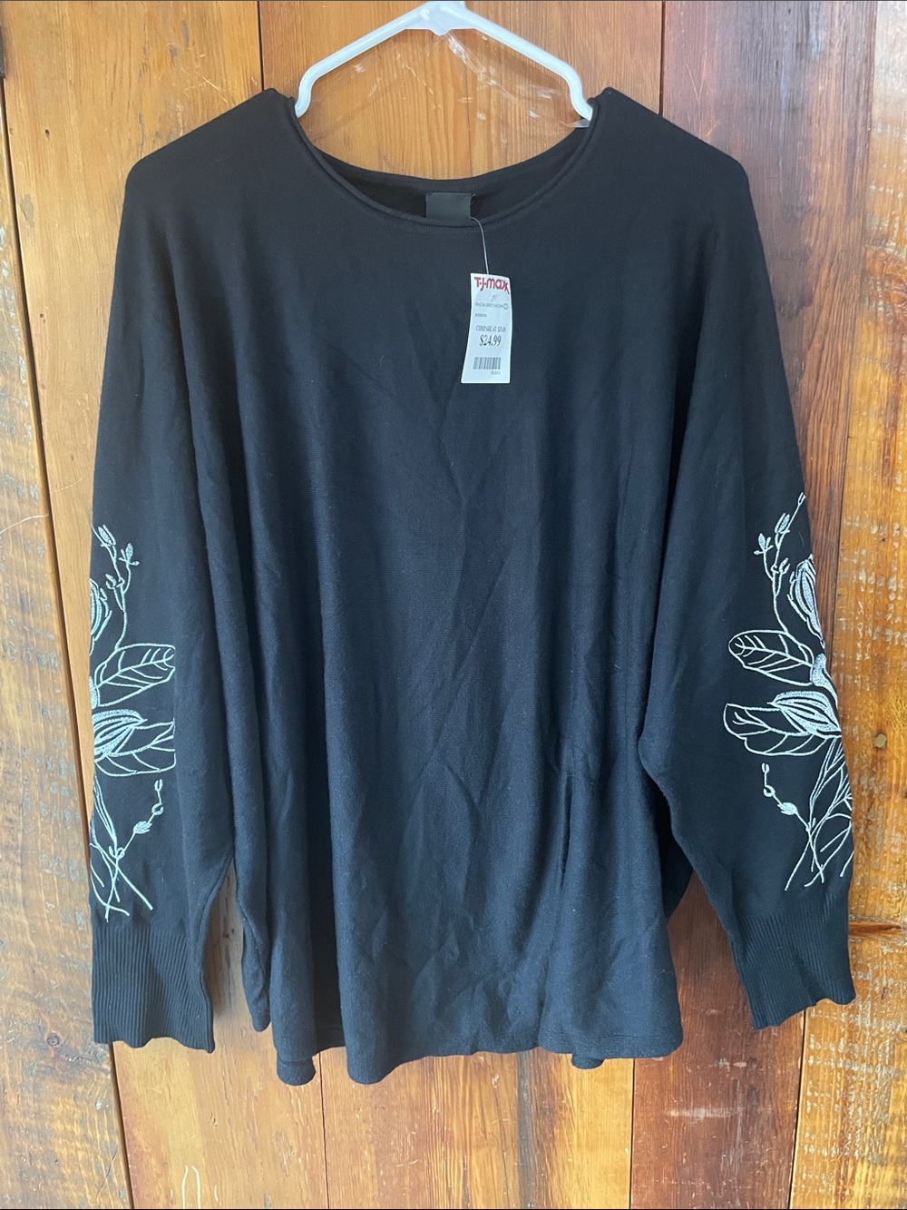 Black Women's Long-Sleeve Sweatshirt with White Floral Sleeve Embroidery